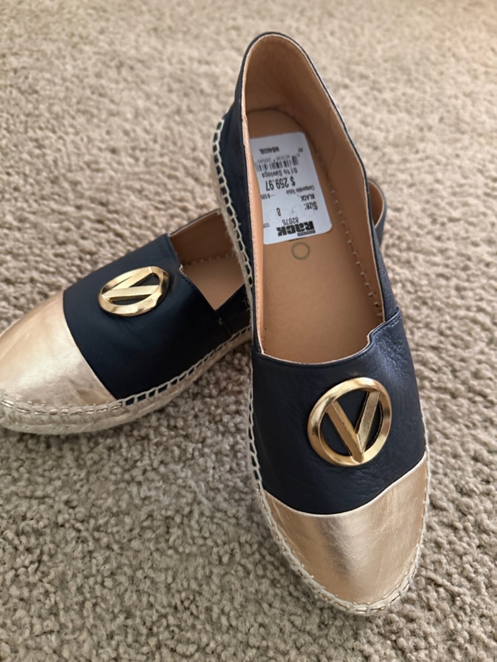 Valentino Black and Gold Leather V-Logo Espadrilles